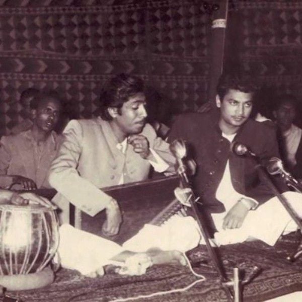 Ustad Amanat Ali Khan (right) and Ustad Bade Fateh Ali Khan at an event