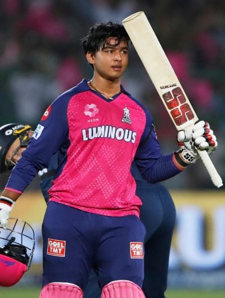 Vaibhav Suryavanshi celebrating after scoring his first century in the IPL