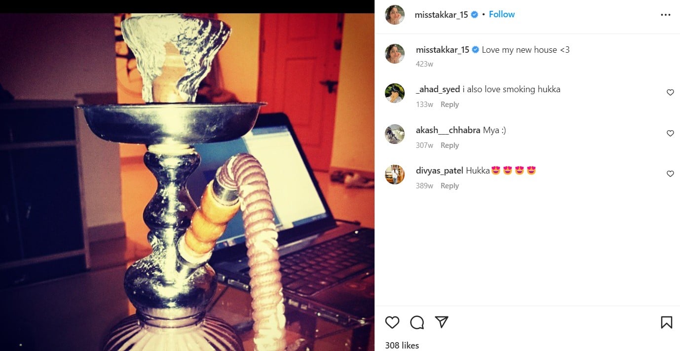 Vaishali Takkar’s Instagram post featuring a hookah