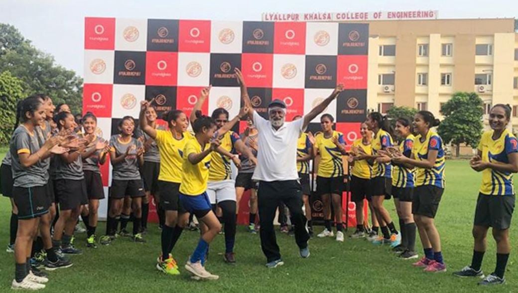Varinder Singh with hockey players at Lyallpur Khalsa College for Women in Jalandhar