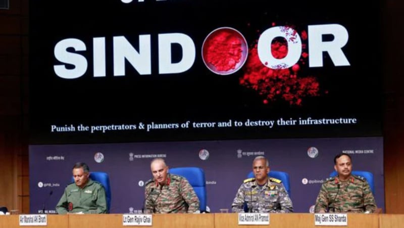 Vice Admiral A N Pramod, Lt. General Rajiv Ghai, Air Marshal AK Bharti, and Major General SS Sharda during a press conference on 