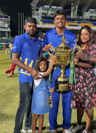 Vijayakanth Viyaskanth with his family after Jaffna Kings won the 2022 LPL Trophy