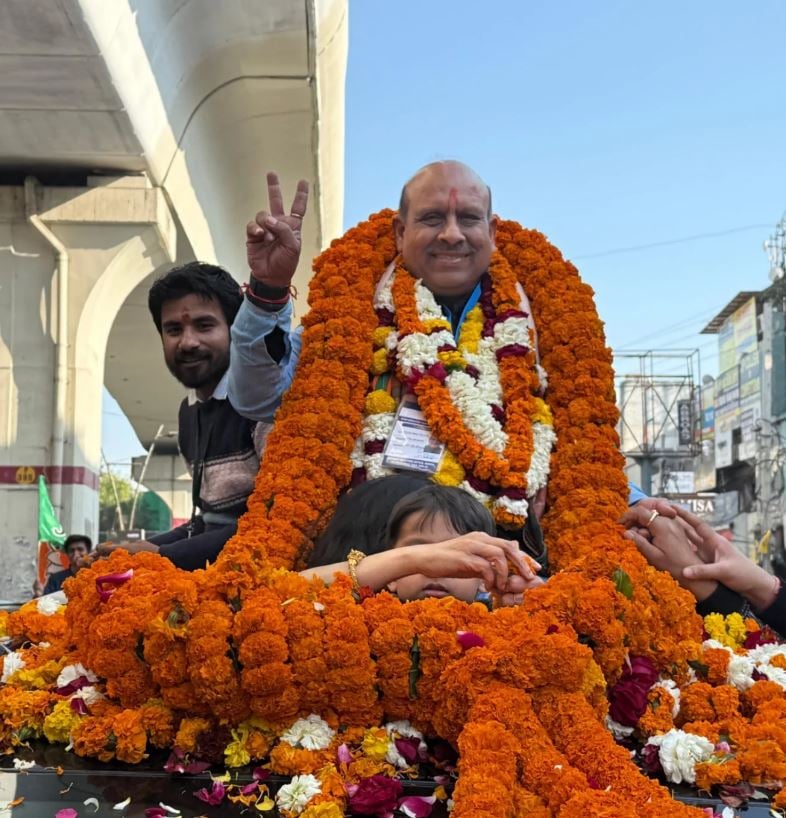 Vijender Gupta after winning the 2025 Delhi Legislative Assembly Elections from the Rohini Constituency