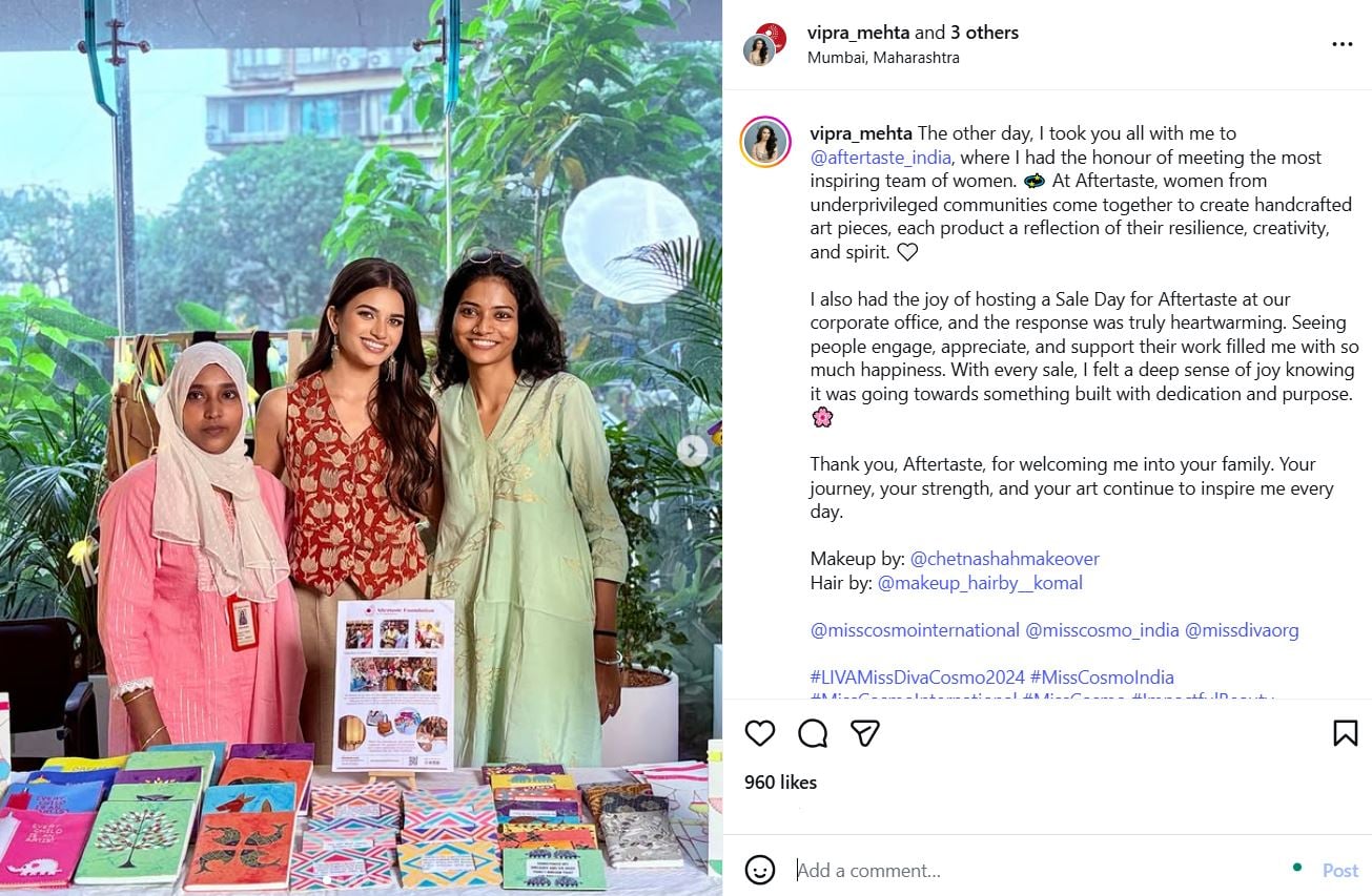 Vipra Mehta’s Instagram post about organising a corporate pop-up at Aftertaste, where women from underprivileged communities create and sell handcrafted art pieces
