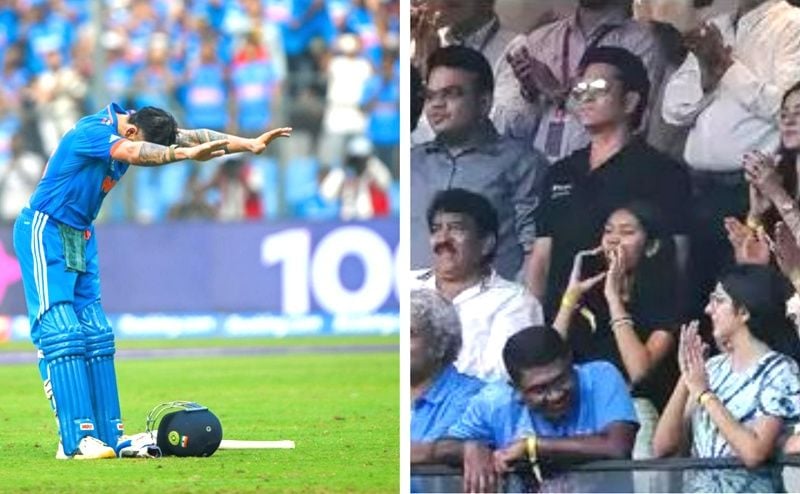 Virat Kohli while bowing down to Sachin Tendulkar after hitting the 50th ODI ton at the 2023 ICC Men