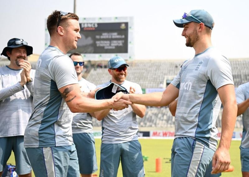 Will Jacks being given his ODI cap by Jason Roy (left) on his ODI debut