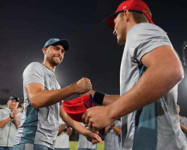 Will Jacks receiving his T20I cap from Sam Curran (right) on his T20I debut