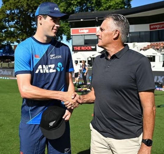 Will O’Rourke shakes hands with father, Patrick, ahead of his New Zealand test debut