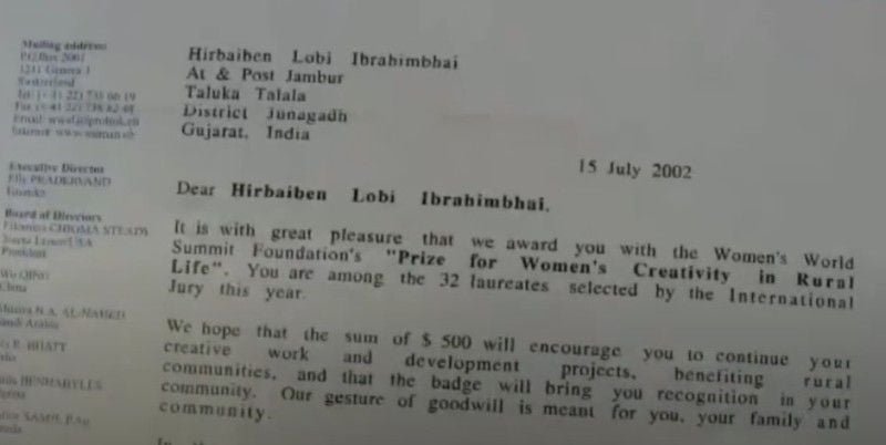 Women’s World Summit Foundation’s Prize for Women’s Creativity in Rural Living award given to Hirabai Ibrahim Lobi