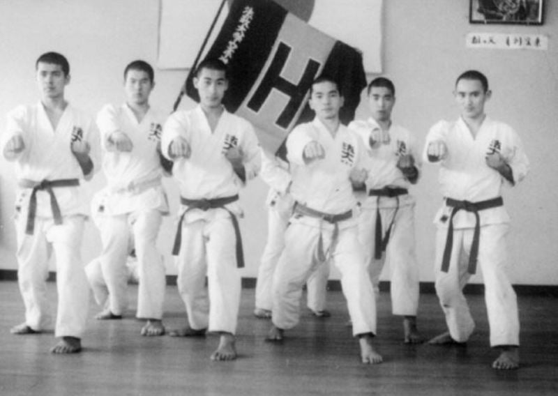 Yoshihide Suga (far right) when he was a member of a Karate club in Hosei University