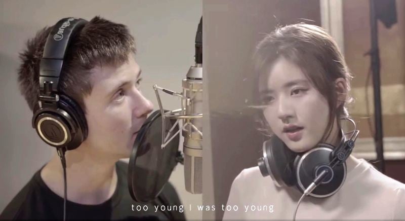 Zhao Lusi and Alec Benjamin while singing Water Fountain - Mandarin Version