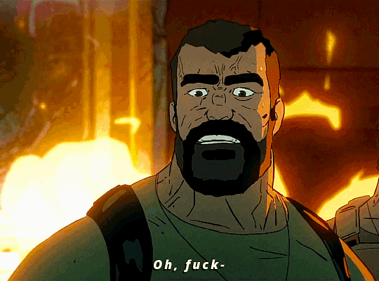 A gif of the character 'Sergeant Nielsen' from Netflix's adult animated series 'Love, Death & Robots' (2022)